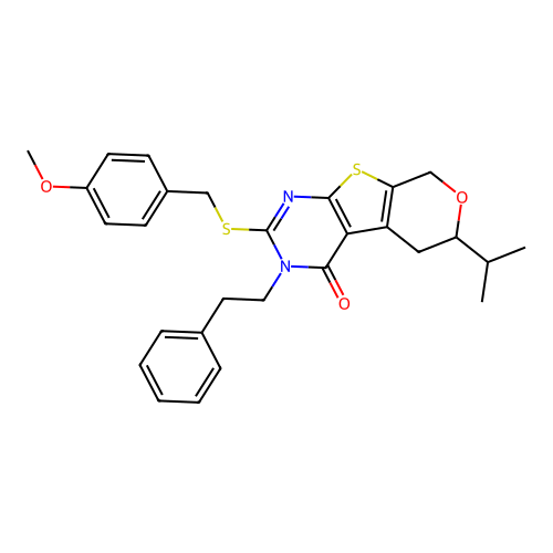 2-[(4-methoxybenzyl)sulfanyl]-3-(2-phenylethyl)-6-(propan-2-yl)-3,5,6,8-tetrahydro-4H-pyrano[4',3':4,5]thieno[2,3-d]pyrimidin-4-one structure
