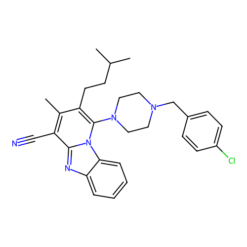 1-[4-(4-chlorobenzyl)piperazin-1-yl]-3-methyl-2-(3-methylbutyl)pyrido[1,2-a]benzimidazole-4-carbonitrile structure
