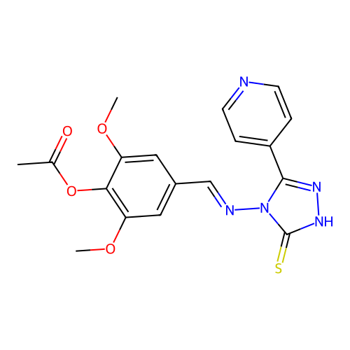[2,6-dimethoxy-4-[(E)-(3-pyridin-4-yl-5-sulfanylidene-1H-1,2,4-triazol-4-yl)iminomethyl]phenyl] acetate structure