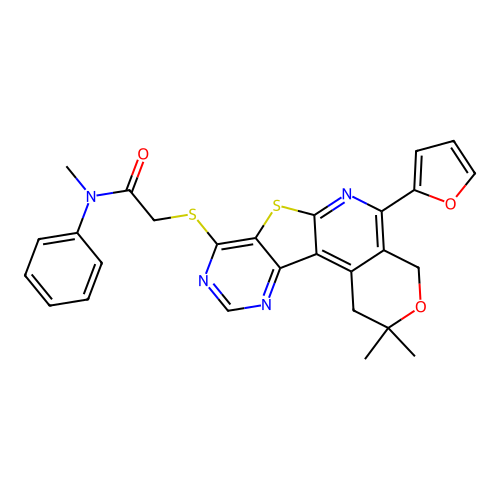 2-((5-(furan-2-yl)-2,2-dimethyl-2,4-dihydro-1H-pyrano[4'',3'':4',5']pyrido[3',2':4,5]thieno[3,2-d]pyrimidin-8-yl)thio)-N-methyl-N-phenylacetamide structure