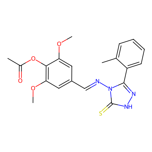 [2,6-dimethoxy-4-[(E)-[3-(2-methylphenyl)-5-sulfanylidene-1H-1,2,4-triazol-4-yl]iminomethyl]phenyl] acetate structure