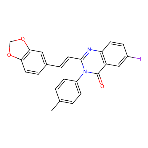 (E)-2-(2-(benzo[d][1,3]dioxol-5-yl)vinyl)-6-iodo-3-(p-tolyl)quinazolin-4(3H)-one structure