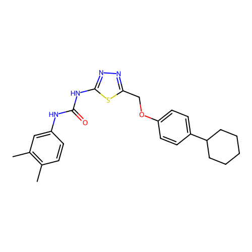 1-(5-((4-cyclohexylphenoxy)methyl)-1,3,4-thiadiazol-2-yl)-3-(3,4-dimethylphenyl)urea structure