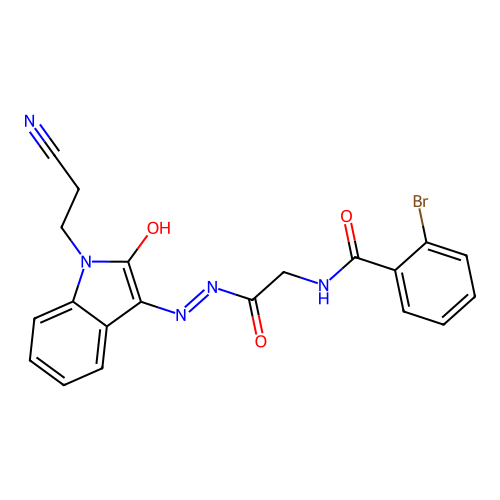 2-bromo-N-[[[1-(2-cyanoethyl)-2-oxo-indol-3-ylidene]amino]carbamoylmethyl]benzamide structure
