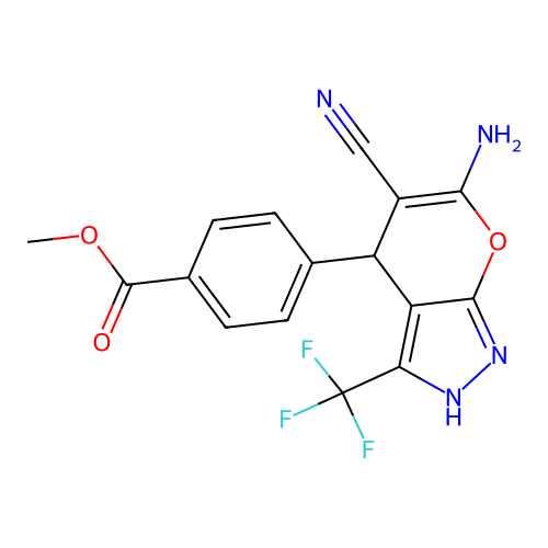 methyl 4-[6-amino-5-cyano-3-(trifluoromethyl)-2,4-dihydropyrano[2,3-c]pyrazol-4-yl]benzoate structure