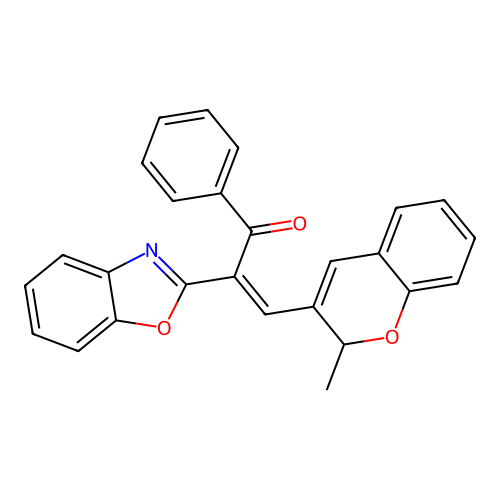 (2Z)-2-(1,3-benzoxazol-2-yl)-3-(2-methyl-2H-chromen-3-yl)-1-phenylprop-2-en-1-one structure