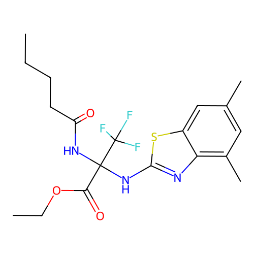 ethyl 2-[(4,6-dimethyl-1,3-benzothiazol-2-yl)amino]-3,3,3-trifluoro-2-(pentanoylamino)propanoate structure