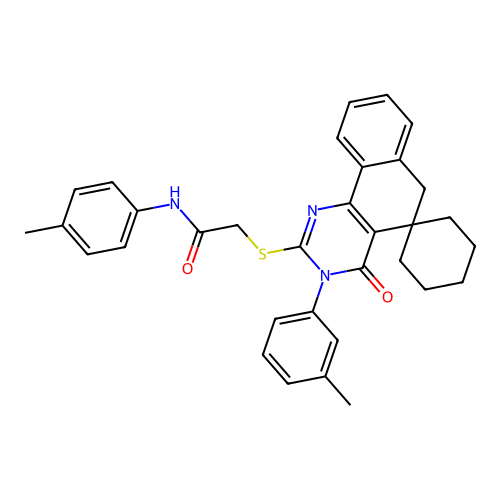 2-((4-oxo-3-(m-tolyl)-4,6-dihydro-3H-spiro[benzo[h]quinazoline-5,1'-cyclohexan]-2-yl)thio)-N-(p-tolyl)acetamide structure