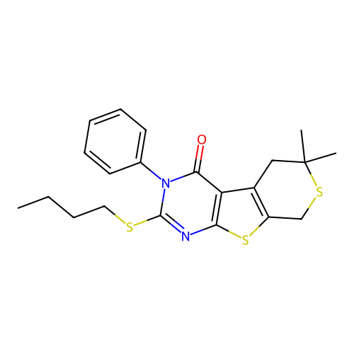 2-(butylsulfanyl)-6,6-dimethyl-3-phenyl-3,5,6,8-tetrahydro-4H-thiopyrano[4',3':4,5]thieno[2,3-d]pyrimidin-4-one structure