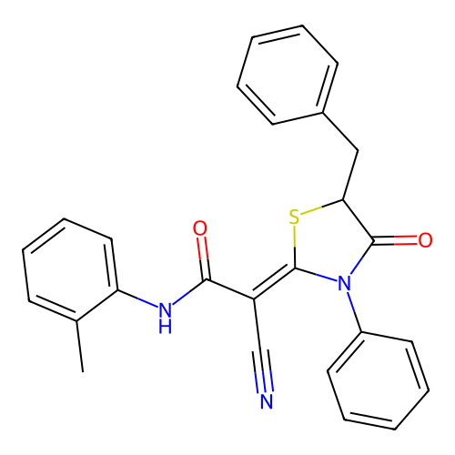 (Z)-2-(5-benzyl-4-oxo-3-phenylthiazolidin-2-ylidene)-2-cyano-N-(o-tolyl)acetamide structure