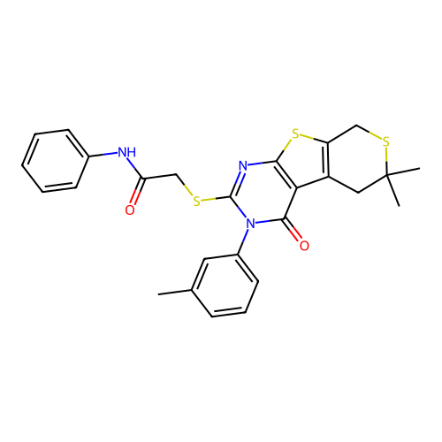 2-((6,6-dimethyl-4-oxo-3-(m-tolyl)-4,5,6,8-tetrahydro-3H-thiopyrano[4',3':4,5]thieno[2,3-d]pyrimidin-2-yl)thio)-N-phenylacetamide structure