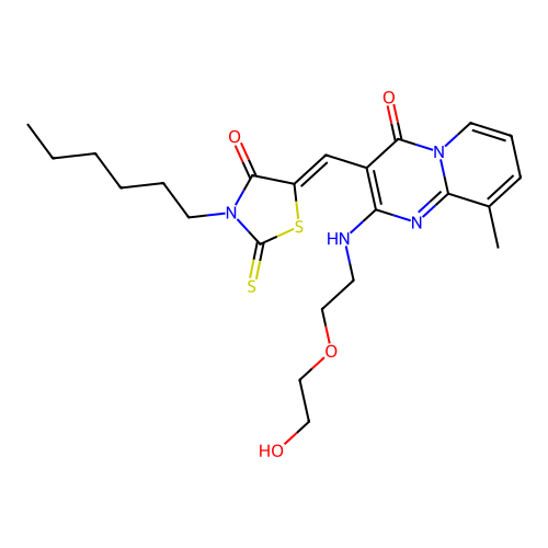 3-[(Z)-(3-hexyl-4-oxo-2-thioxo-1,3-thiazolidin-5-ylidene)methyl]-2-{[2-(2-hydroxyethoxy)ethyl]amino}-9-methyl-4H-pyrido[1,2-a]pyrimidin-4-one structure