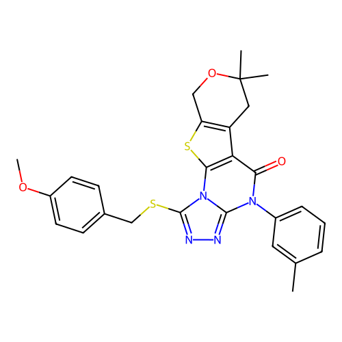1-((4-methoxybenzyl)thio)-7,7-dimethyl-4-(m-tolyl)-6,7-dihydro-4H-pyrano[4',3':4,5]thieno[3,2-e][1,2,4]triazolo[4,3-a]pyrimidin-5(9H)-one structure