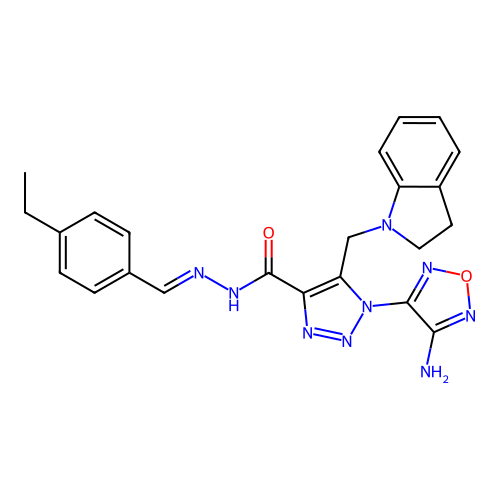 (E)-1-(4-amino-1,2,5-oxadiazol-3-yl)-N'-(4-ethylbenzylidene)-5-(indolin-1-ylmethyl)-1H-1,2,3-triazole-4-carbohydrazide structure