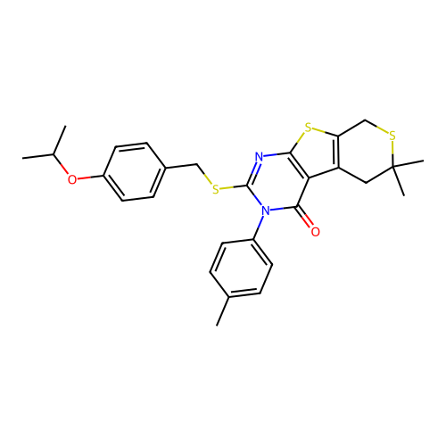 2-((4-isopropoxybenzyl)thio)-6,6-dimethyl-3-(p-tolyl)-5,6-dihydro-3H-thiopyrano[4',3':4,5]thieno[2,3-d]pyrimidin-4(8H)-one structure