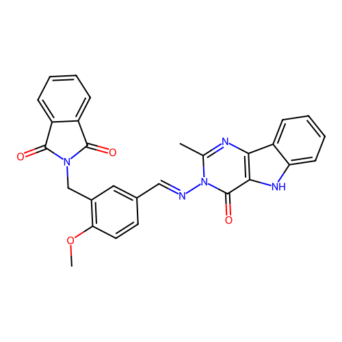 (E)-2-(2-methoxy-5-(((2-methyl-4-oxo-4,5-dihydro-3H-pyrimido[5,4-b]indol-3-yl)imino)methyl)benzyl)isoindoline-1,3-dione structure