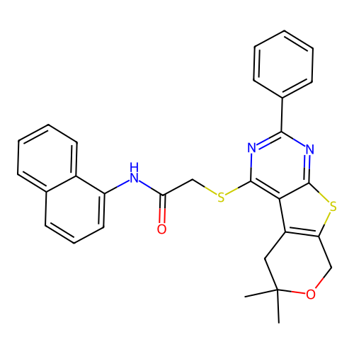 2-((6,6-dimethyl-2-phenyl-6,8-dihydro-5H-pyrano[4',3':4,5]thieno[2,3-d]pyrimidin-4-yl)thio)-N-(naphthalen-1-yl)acetamide structure