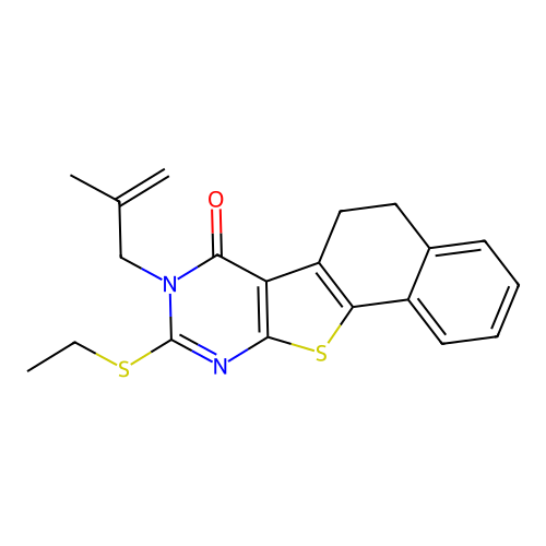 9-(ethylsulfanyl)-8-(2-methylprop-2-en-1-yl)-5,8-dihydronaphtho[2',1':4,5]thieno[2,3-d]pyrimidin-7(6H)-one structure