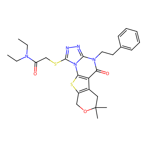 2-((7,7-dimethyl-5-oxo-4-phenethyl-5,6,7,9-tetrahydro-4H-pyrano[4',3':4,5]thieno[3,2-e][1,2,4]triazolo[4,3-a]pyrimidin-1-yl)thio)-N,N-diethylacetamide structure