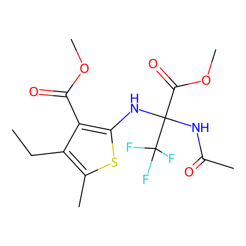 (S)-methyl 2-((2-acetamido-1,1,1-trifluoro-3-methoxy-3-oxopropan-2-yl)amino)-4-ethyl-5-methylthiophene-3-carboxylate structure