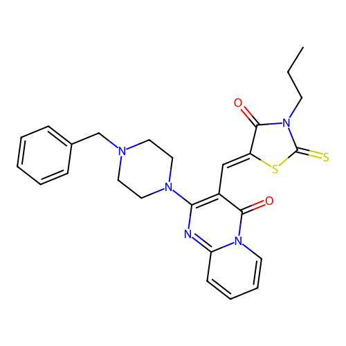 2-(4-benzylpiperazin-1-yl)-3-[(Z)-(4-oxo-3-propyl-2-thioxo-1,3-thiazolidin-5-ylidene)methyl]-4H-pyrido[1,2-a]pyrimidin-4-one structure