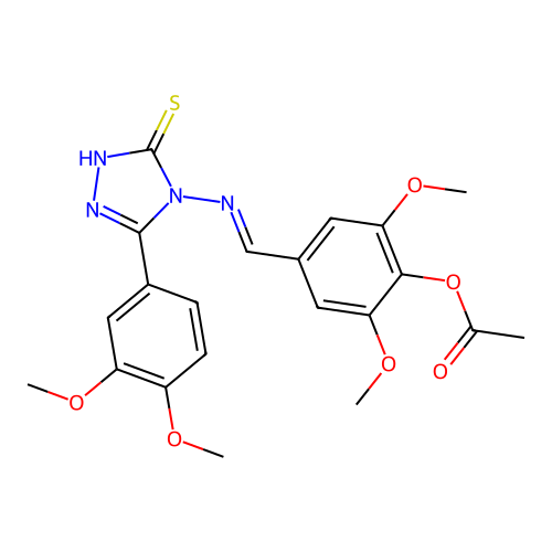 (E)-4-(((3-(3,4-dimethoxyphenyl)-5-mercapto-4H-1,2,4-triazol-4-yl)imino)methyl)-2,6-dimethoxyphenyl acetate structure