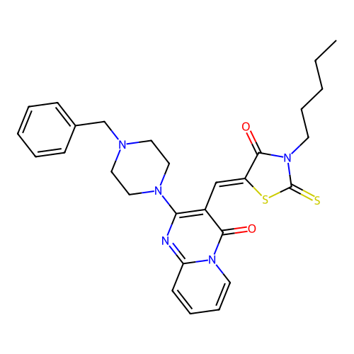 2-(4-benzylpiperazin-1-yl)-3-[(Z)-(4-oxo-3-pentyl-2-thioxo-1,3-thiazolidin-5-ylidene)methyl]-4H-pyrido[1,2-a]pyrimidin-4-one structure