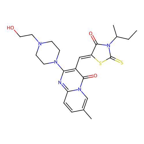 3-{(Z)-[3-(butan-2-yl)-4-oxo-2-thioxo-1,3-thiazolidin-5-ylidene]methyl}-2-[4-(2-hydroxyethyl)piperazin-1-yl]-7-methyl-4H-pyrido[1,2-a]pyrimidin-4-one structure