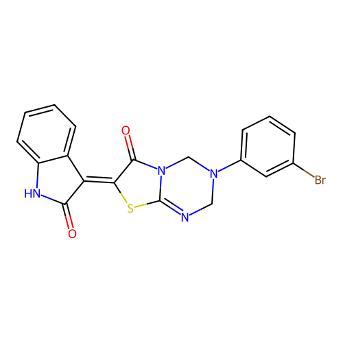(Z)-3-(3-bromophenyl)-7-(2-oxoindolin-3-ylidene)-3,4-dihydro-2H-thiazolo[3,2-a][1,3,5]triazin-6(7H)-one structure