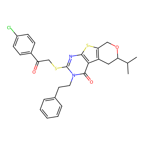2-((2-(4-chlorophenyl)-2-oxoethyl)thio)-6-isopropyl-3-phenethyl-5,6-dihydro-3H-pyrano[4',3':4,5]thieno[2,3-d]pyrimidin-4(8H)-one structure