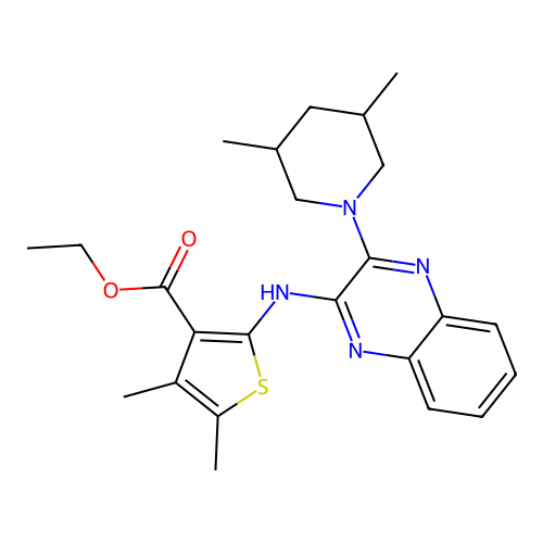 ethyl 2-((3-(3,5-dimethylpiperidin-1-yl)quinoxalin-2-yl)amino)-4,5-dimethylthiophene-3-carboxylate structure