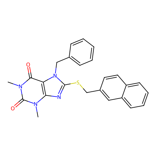 7-benzyl-1,3-dimethyl-8-(naphthalen-2-ylmethylsulfanyl)purine-2,6-dione structure