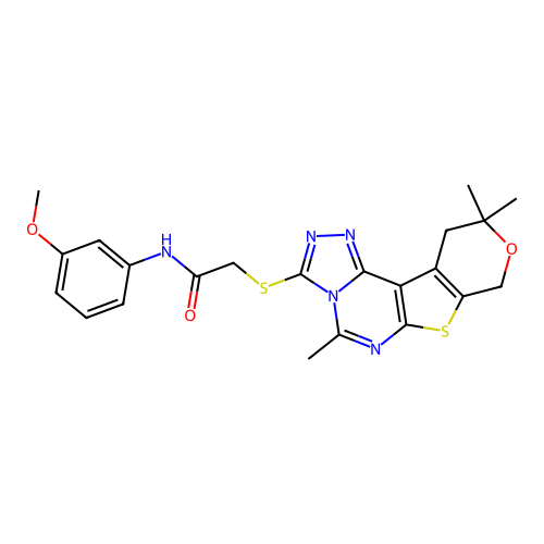 N-(3-methoxyphenyl)-2-((5,10,10-trimethyl-10,11-dihydro-8H-pyrano[4',3':4,5]thieno[3,2-e][1,2,4]triazolo[4,3-c]pyrimidin-3-yl)thio)acetamide structure