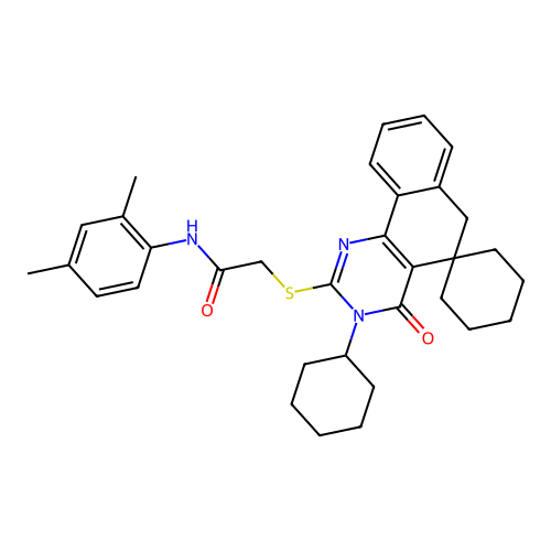 2-((3-cyclohexyl-4-oxo-4,6-dihydro-3H-spiro[benzo[h]quinazoline-5,1'-cyclohexan]-2-yl)thio)-N-(2,4-dimethylphenyl)acetamide structure