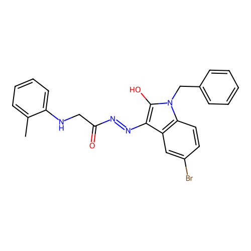 N'-[(3Z)-1-benzyl-5-bromo-2-oxo-1,2-dihydro-3H-indol-3-ylidene]-2-[(2-methylphenyl)amino]acetohydrazide (non-preferred name) structure