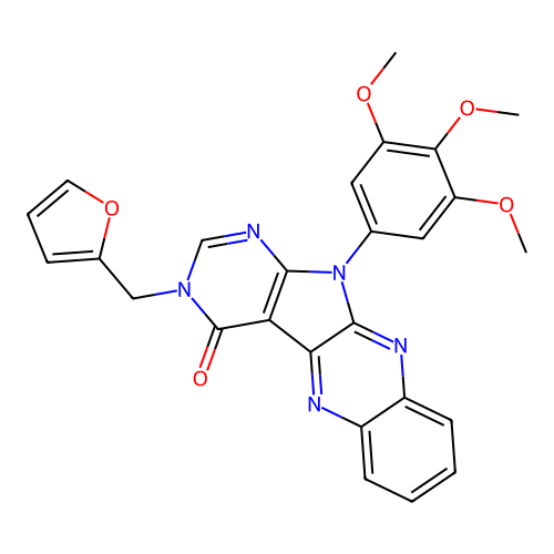 3-(furan-2-ylmethyl)-11-(3,4,5-trimethoxyphenyl)-3,11-dihydro-4H-pyrimido[5',4':4,5]pyrrolo[2,3-b]quinoxalin-4-one structure