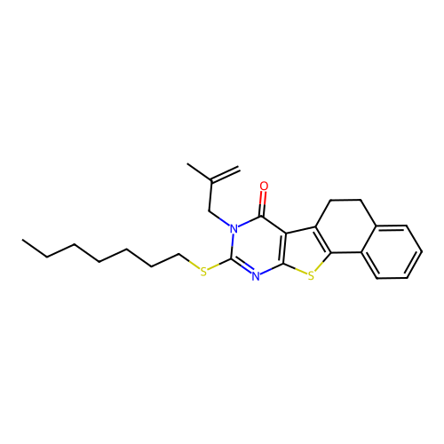 9-(heptylsulfanyl)-8-(2-methylprop-2-en-1-yl)-5,8-dihydronaphtho[2',1':4,5]thieno[2,3-d]pyrimidin-7(6H)-one structure