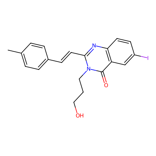 3-(3-hydroxypropyl)-6-iodo-2-[(E)-2-(4-methylphenyl)ethenyl]quinazolin-4(3H)-one structure