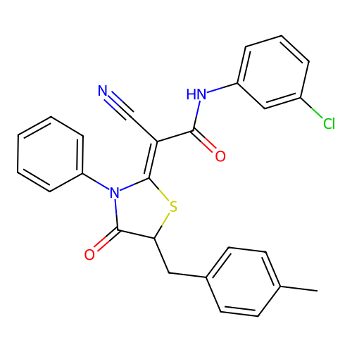 (2Z)-N-(3-chlorophenyl)-2-cyano-2-[5-(4-methylbenzyl)-4-oxo-3-phenyl-1,3-thiazolidin-2-ylidene]ethanamide structure