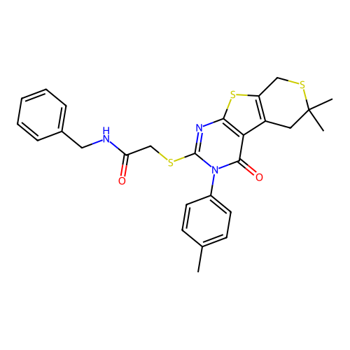 N-benzyl-2-((6,6-dimethyl-4-oxo-3-(p-tolyl)-4,5,6,8-tetrahydro-3H-thiopyrano[4',3':4,5]thieno[2,3-d]pyrimidin-2-yl)thio)acetamide structure