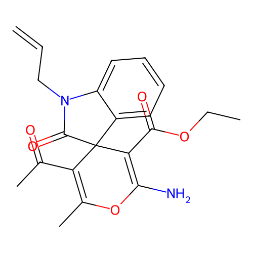 ethyl 5'-acetyl-2'-amino-6'-methyl-2-oxo-1-(prop-2-en-1-yl)-1,2-dihydrospiro[indole-3,4'-pyran]-3'-carboxylate structure