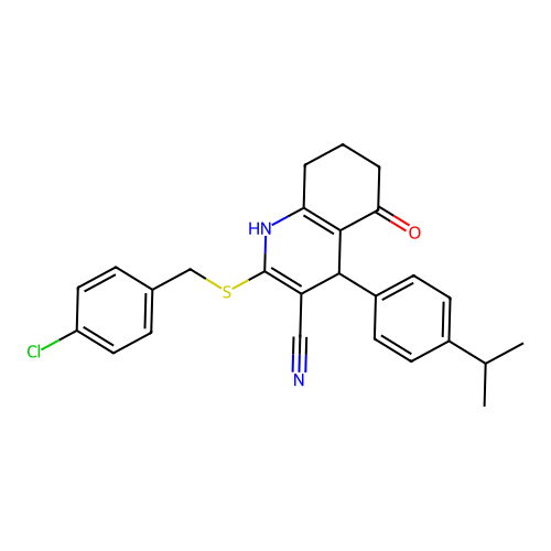2-((4-chlorobenzyl)thio)-4-(4-isopropylphenyl)-5-oxo-1,4,5,6,7,8-hexahydroquinoline-3-carbonitrile structure