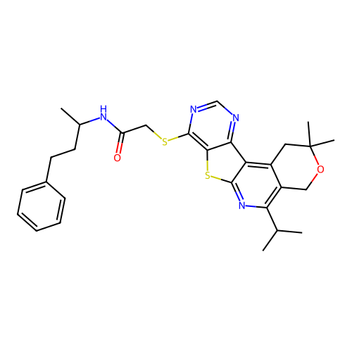 2-((5-isopropyl-2,2-dimethyl-2,4-dihydro-1H-pyrano[4'',3'':4',5']pyrido[3',2':4,5]thieno[3,2-d]pyrimidin-8-yl)thio)-N-(4-phenylbutan-2-yl)acetamide structure