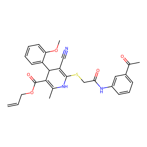 allyl 6-((2-((3-acetylphenyl)amino)-2-oxoethyl)thio)-5-cyano-4-(2-methoxyphenyl)-2-methyl-1,4-dihydropyridine-3-carboxylate structure