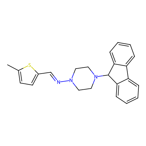 (E)-4-(9H-fluoren-9-yl)-N-((5-methylthiophen-2-yl)methylene)piperazin-1-amine structure