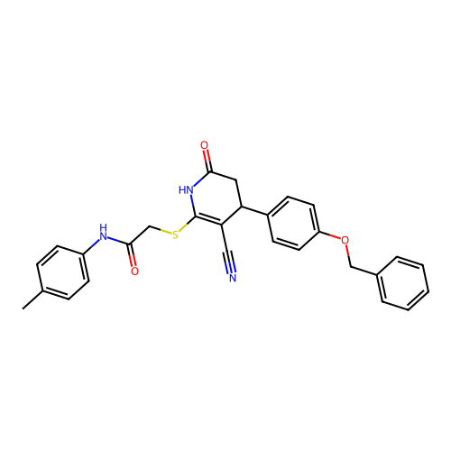 2-({4-[4-(benzyloxy)phenyl]-3-cyano-6-oxo-1,4,5,6-tetrahydropyridin-2-yl}sulfanyl)-N-(4-methylphenyl)acetamide structure