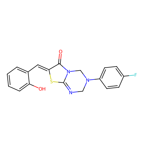 (Z)-3-(4-fluorophenyl)-7-(2-hydroxybenzylidene)-3,4-dihydro-2H-thiazolo[3,2-a][1,3,5]triazin-6(7H)-one structure