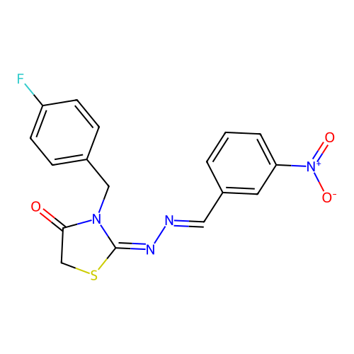 (E)-3-(4-fluorobenzyl)-2-((E)-(3-nitrobenzylidene)hydrazono)thiazolidin-4-one structure