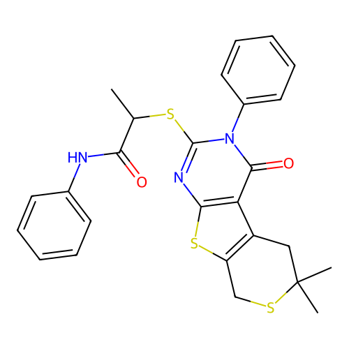 2-((6,6-dimethyl-4-oxo-3-phenyl-4,5,6,8-tetrahydro-3H-thiopyrano[4',3':4,5]thieno[2,3-d]pyrimidin-2-yl)thio)-N-phenylpropanamide structure