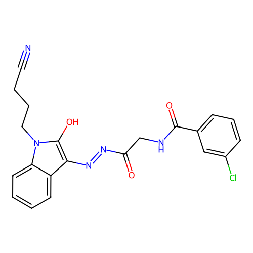 3-chloro-N-[[[1-(3-cyanopropyl)-2-oxo-indol-3-ylidene]amino]carbamoylmethyl]benzamide structure